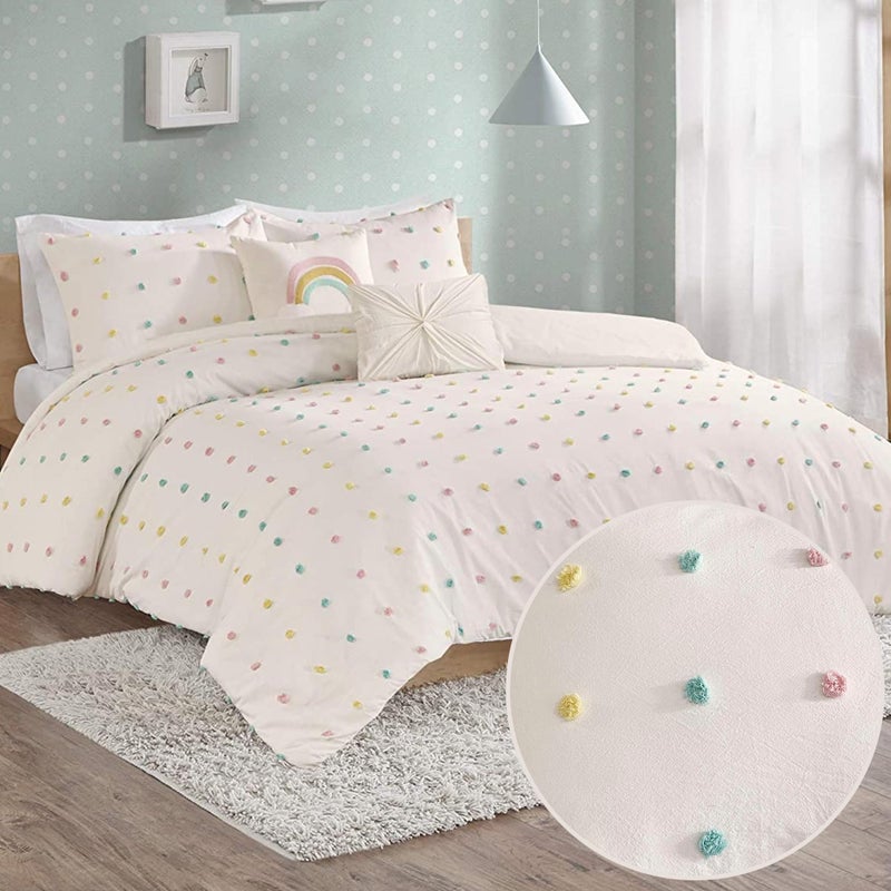 Intelligent Design طقم لحاف أطفال بتصميم ذكي من قطن جاكار مع حبيبات ملونة، مناسب لجميع الفصول، غطاء سرير شابي شيك، ديكور غرفة البنات، حجم كامل كوين، 5 قطع، عاجي - Image 1